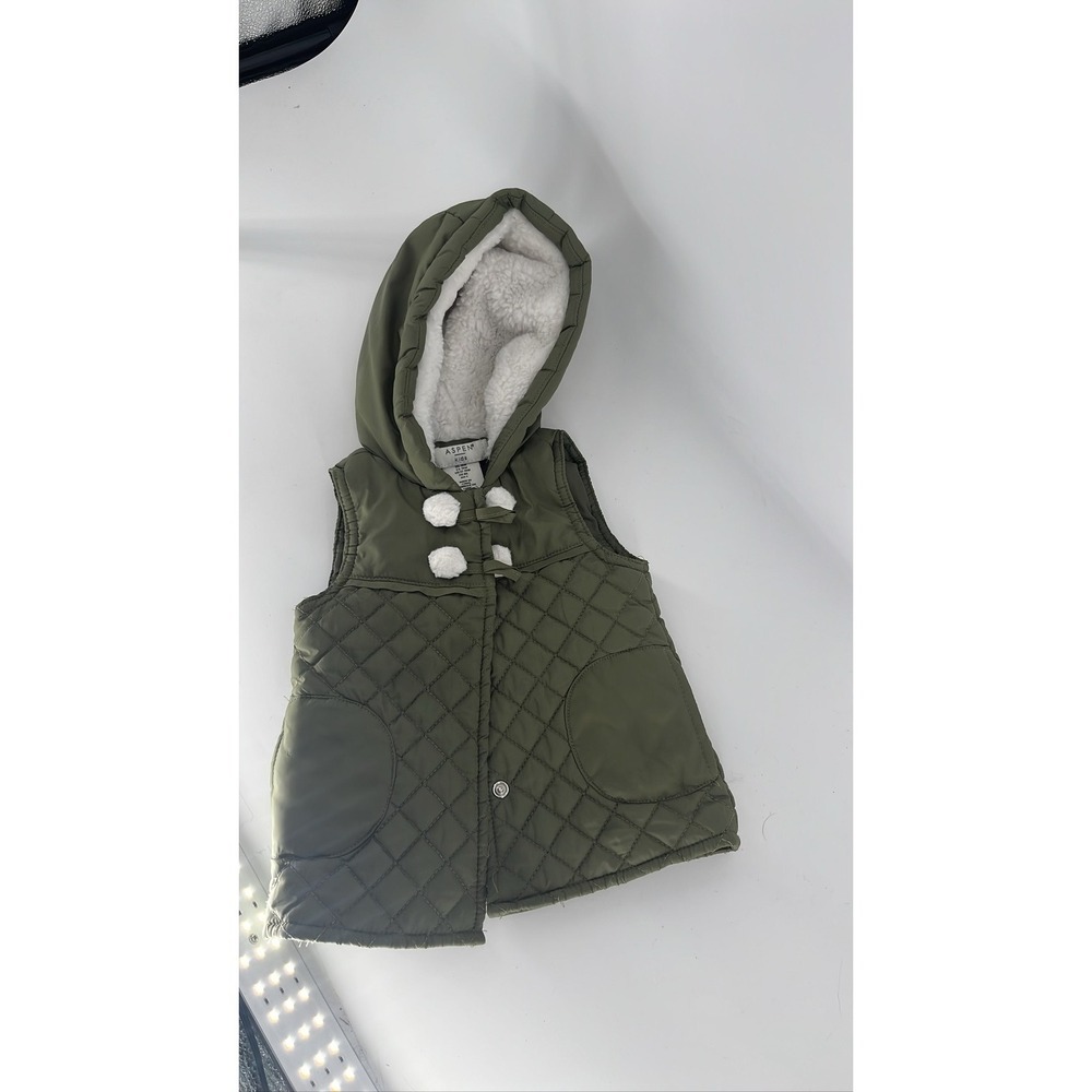 Aspen Kids Olive Green Quilted Hooded Puffer Vest Faux Shearling Lining 18M